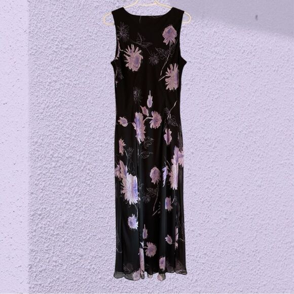90s vintage black midi dress with large floral print chiffon - Picture 4 of 10